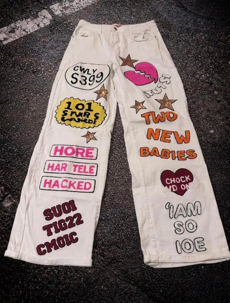 Milas Graphic Patch Jeans Wit 28x30 - Festival Wide Leg, Wit, Ophalen of Verzenden, Zo goed als nieuw, Maat 36 (S)