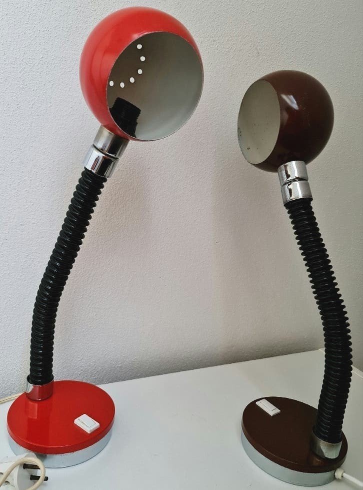 Vintage bollamp bureaulamp set rood + bruin metalen kap, Huis en Inrichting, Lampen | Tafellampen, Ophalen, Gebruikt, Metaal