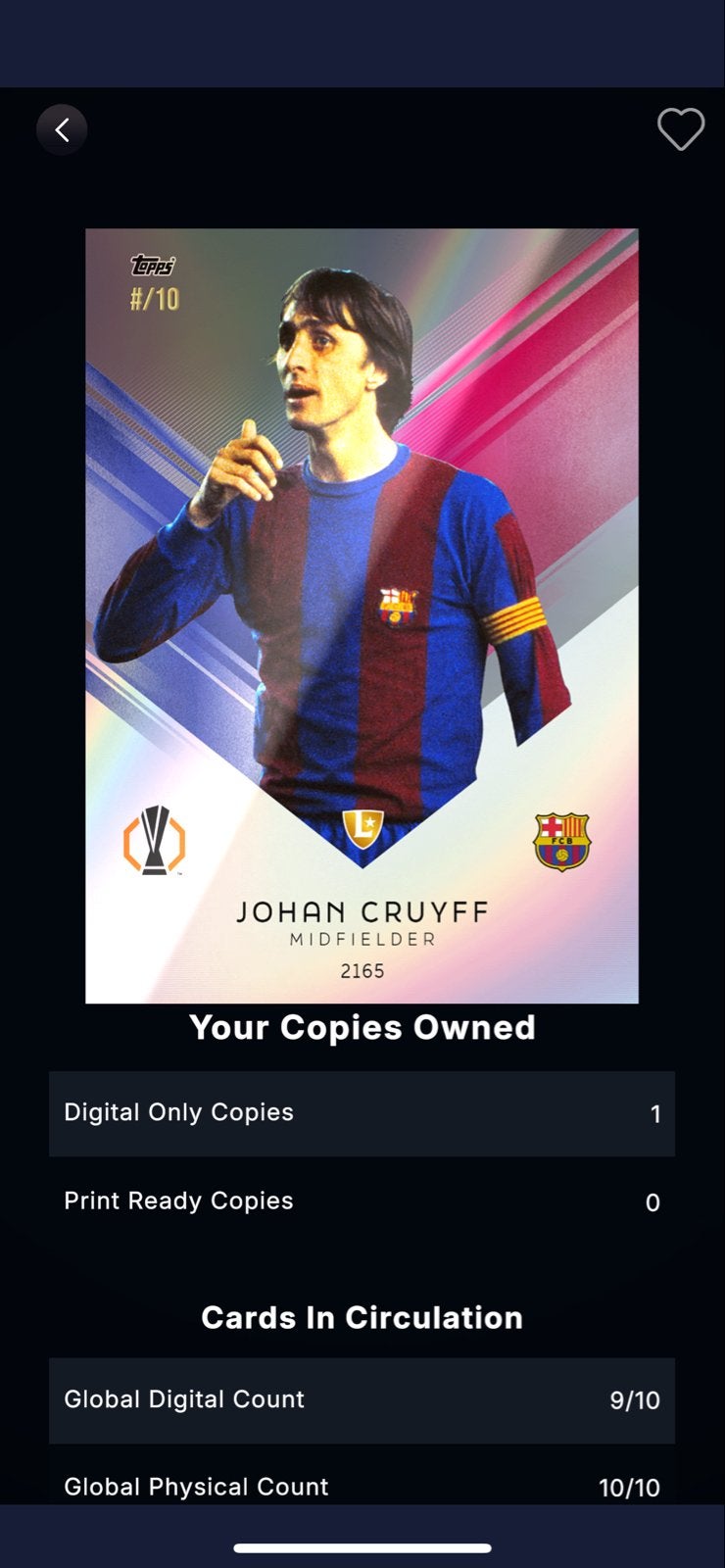 1/10 Johan Cruyff Topps Spelerskaart - Midfielder #/10, Verzamelen, Ophalen, Nieuw, Buitenlandse clubs, Spelerskaart