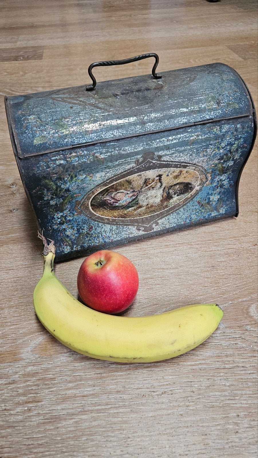 Antieke blikken trommel lunchbox met afbeelding, Ophalen of Verzenden