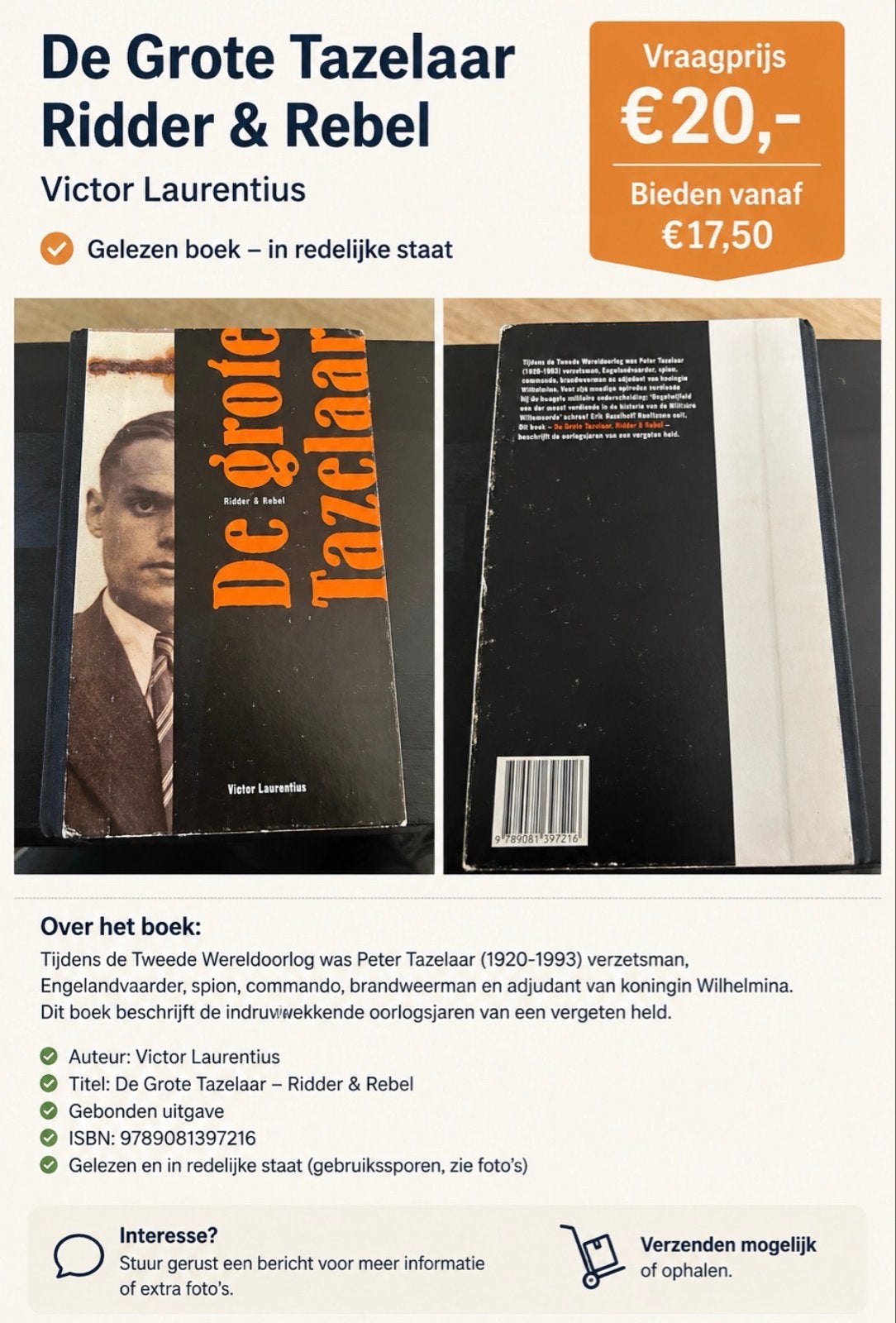 De Grote Tazelaar: Ridder & Rebel - Victor Laurentius, Boeken, Ophalen of Verzenden, 20e eeuw of later, Gelezen
