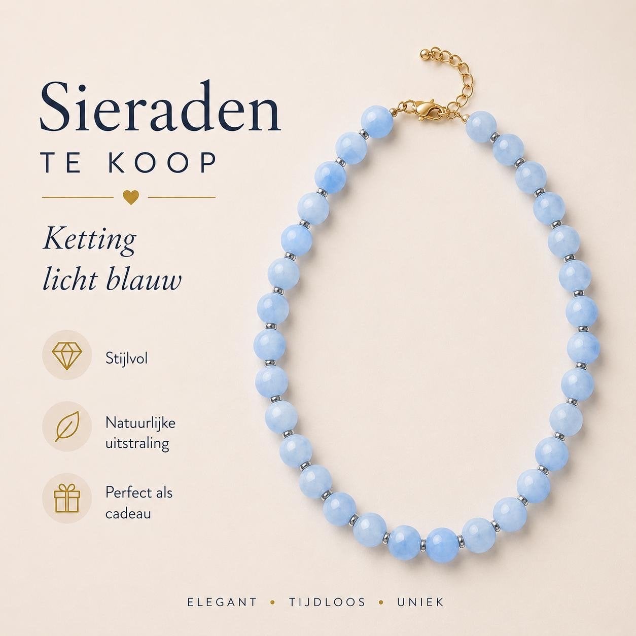 Stijlvolle lichtblauwe kralenketting - Elegant & Tijdloos, Ophalen of Verzenden, Nieuw, Blauw, Overige materialen