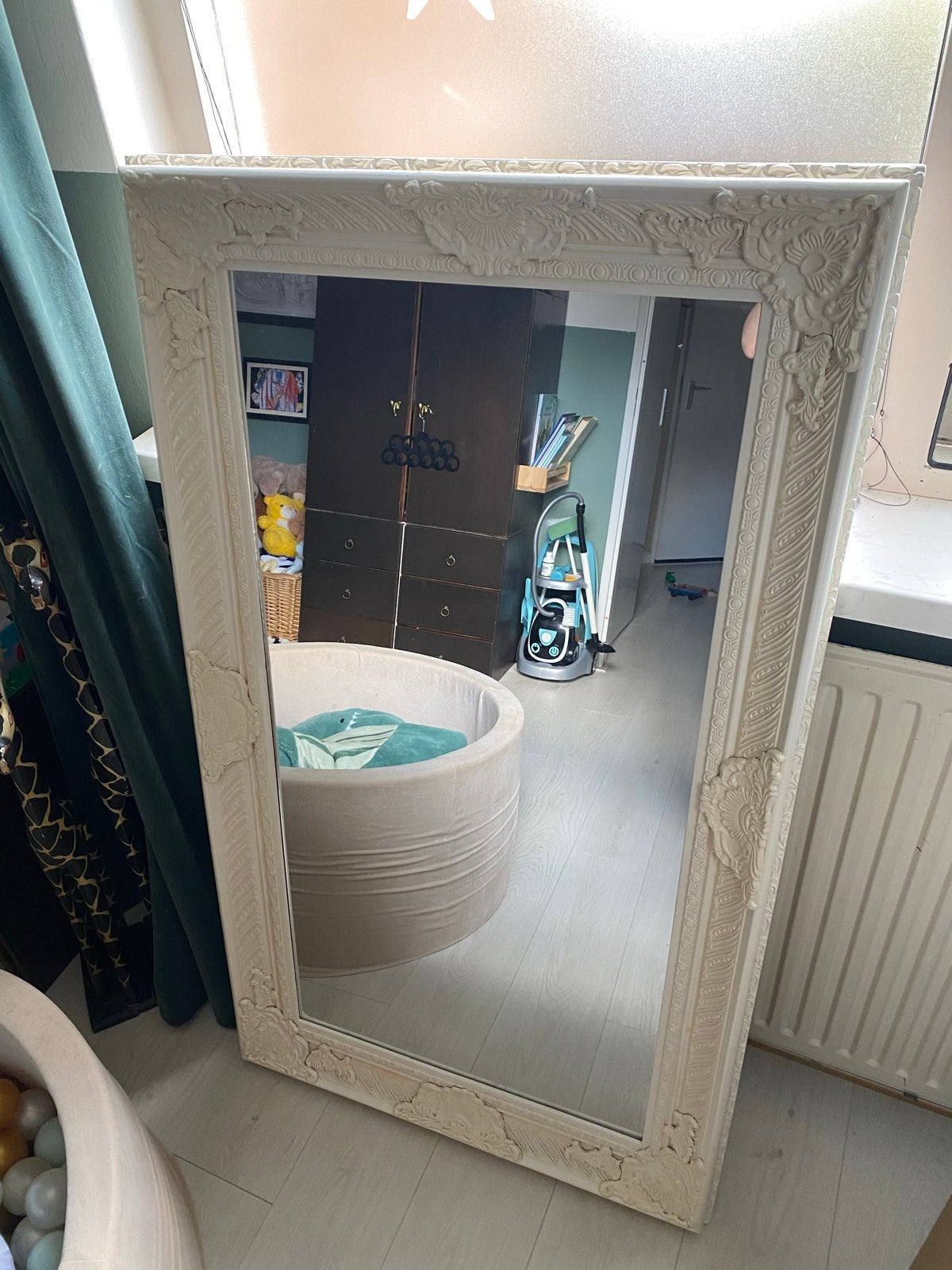 Grote Brocante Barok Spiegel Crème Wit - 79,5x140 passpiegel, Ophalen, Gebruikt, 100 tot 150 cm, 75 tot 100 cm