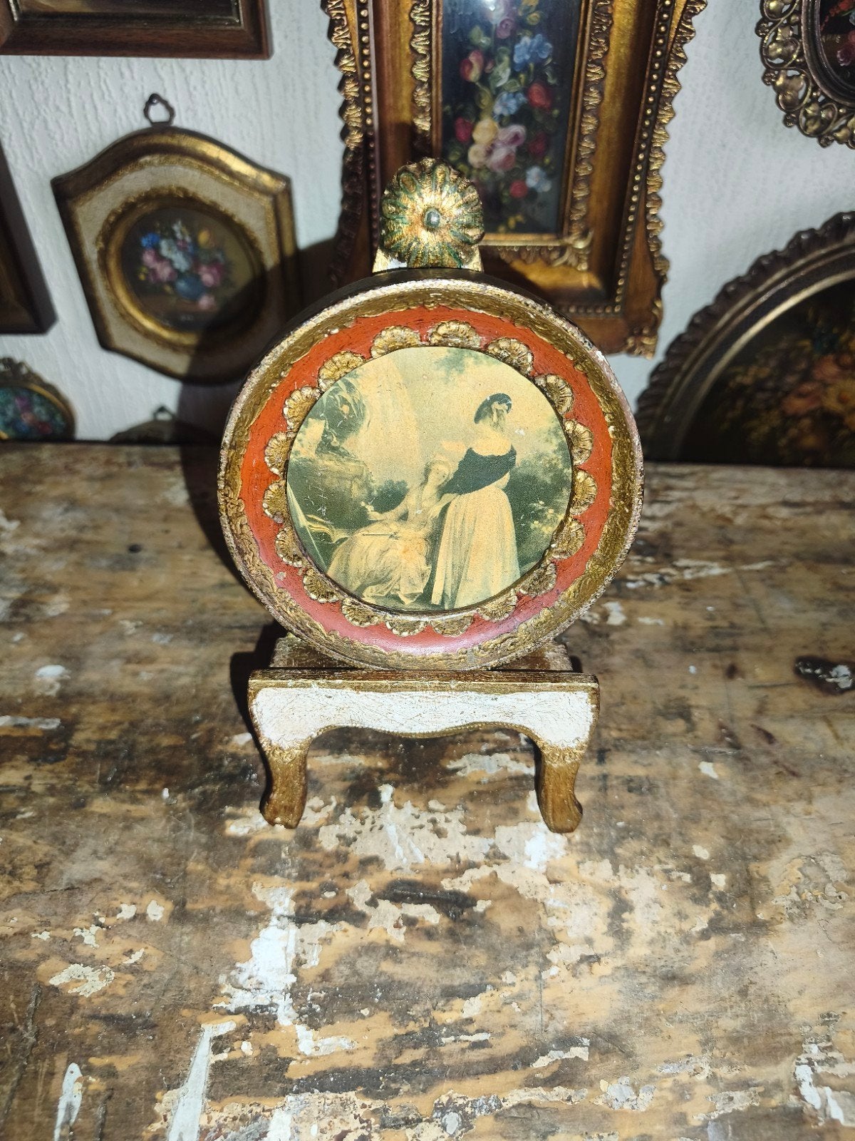 Oud florentijns Italiaans schilderijtje met prent, Antiek en Kunst, Curiosa en Brocante, Ophalen of Verzenden