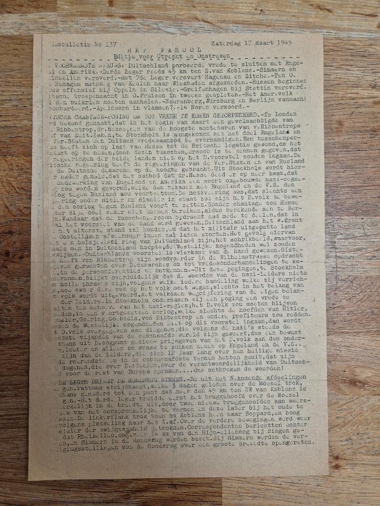 Wo2 illegale pers verzetskrant Het Parool, 17 maart 1945, Ophalen of Verzenden, Nederland, Boek of Tijdschrift