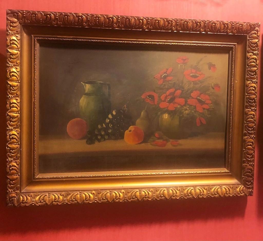 Oud schilderij klassiek met bloemen, vaas en fruit