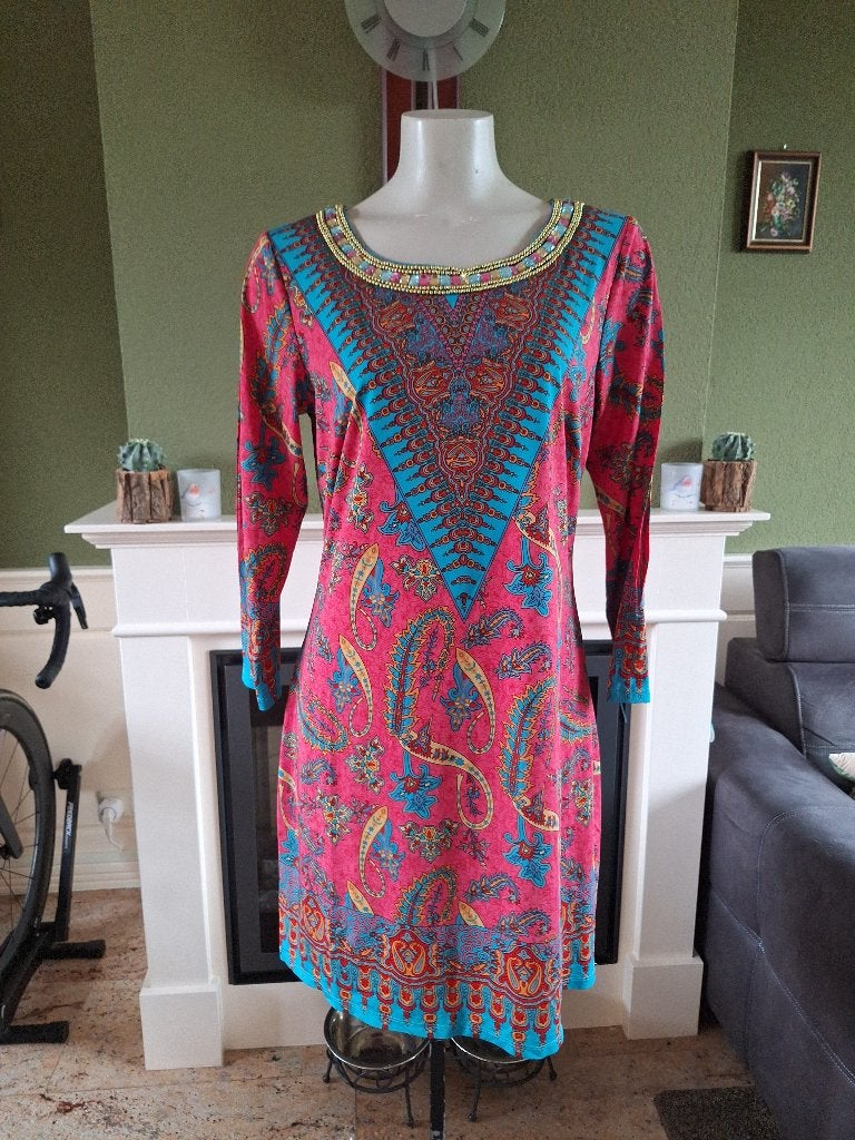 K-Design roze turquoise jurk met mooie hals lijn L open mouw, Kleding | Dames, Jurken, K-design, Maat 42/44 (L), Ophalen of Verzenden