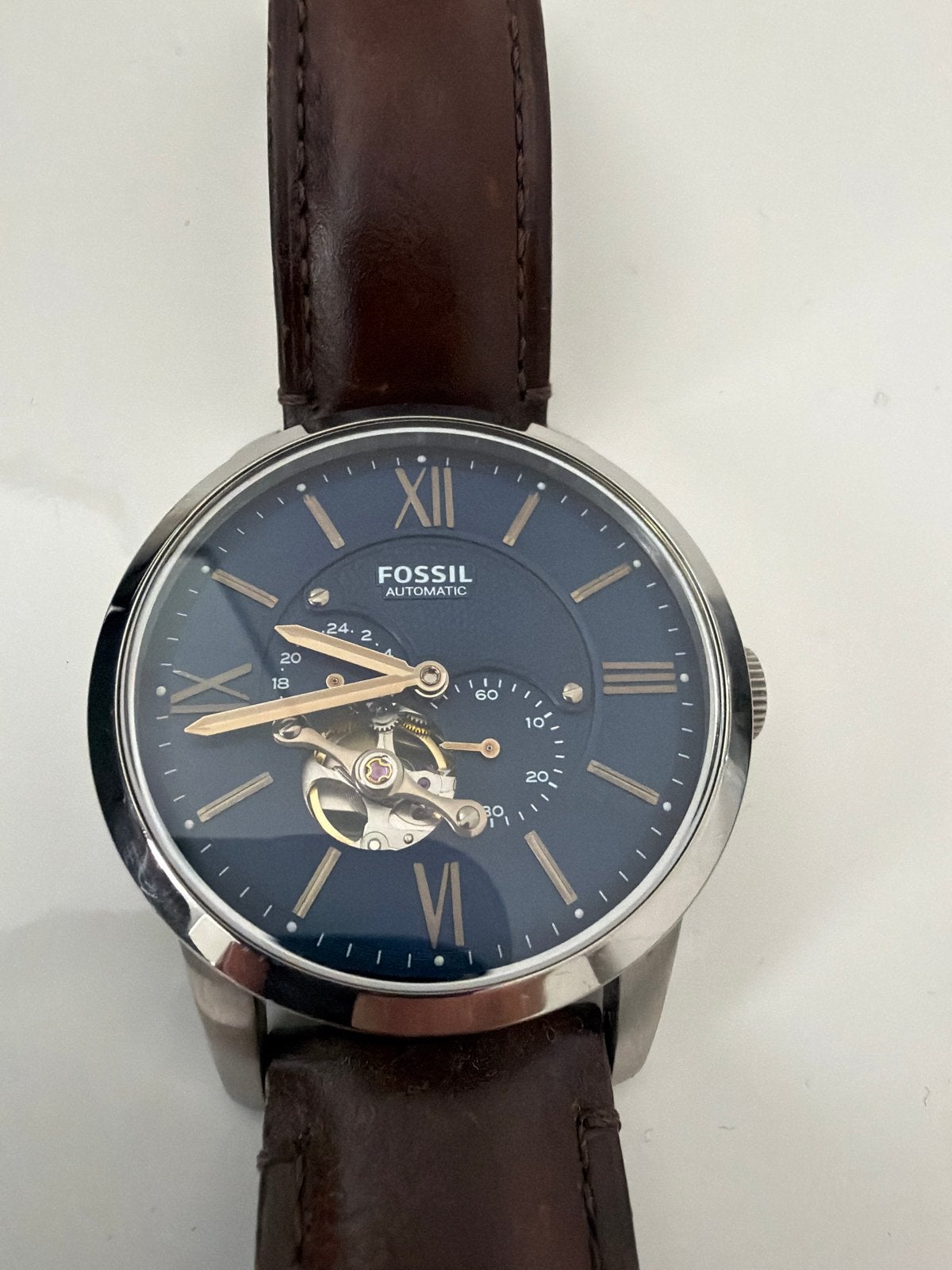 Fossil Automatisch Horloge - Heren - Bruin Leer - Blauwe Wij, Staal, Polshorloge, Ophalen, Overige merken