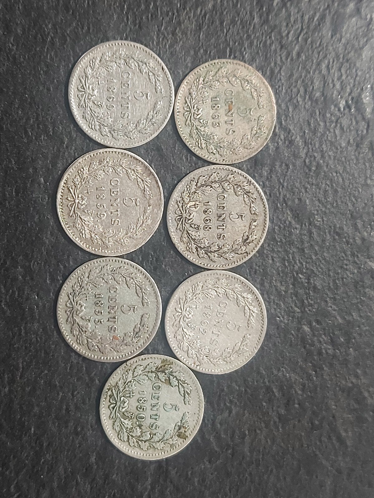 7 x 5 cent zilver 1850, 1855, 1859, 1862, 1863, 1868, 1869, Postzegels en Munten, Munten | Nederland, Ophalen of Verzenden, Koning Willem III