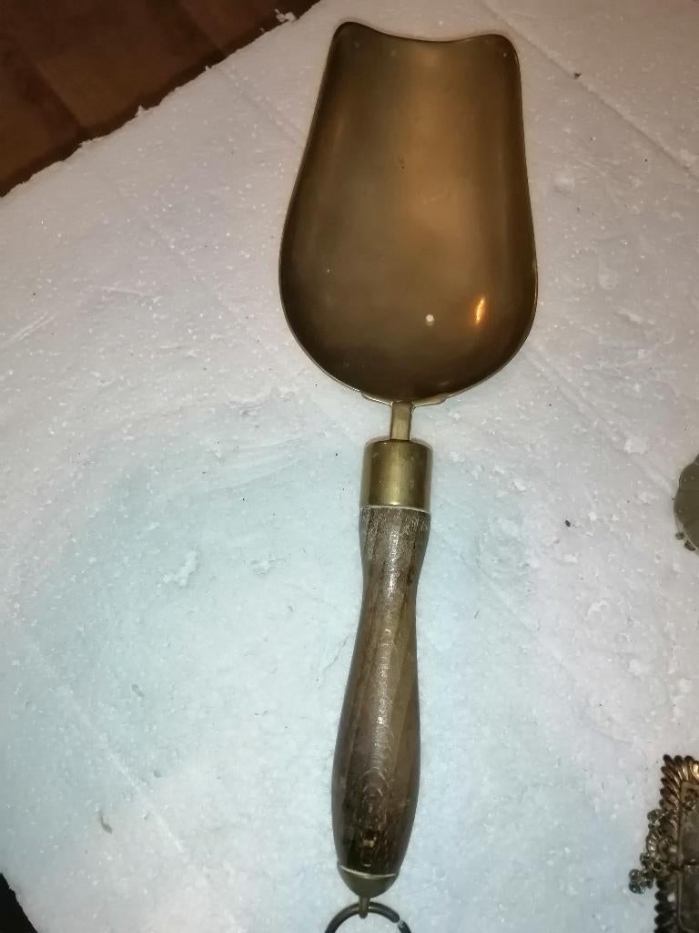 Antieke messing grutters schep met houten handvat, 45cm, Ophalen of Verzenden