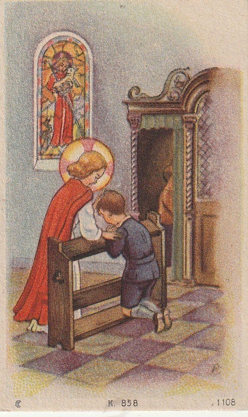 Oud prentje: Jongen biecht bij engel, religieus tafereel, Ophalen of Verzenden, Gebruikt, Kaart of Prent, Christendom | Katholiek