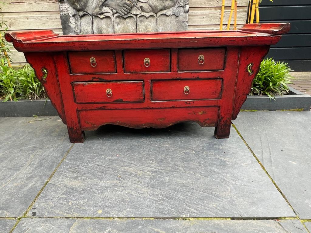 Chinees kast ladekast Chinese elmwood rood Chinees, Verburgt Vintage, Gebruikt, 100 tot 150 cm, 5 laden of meer