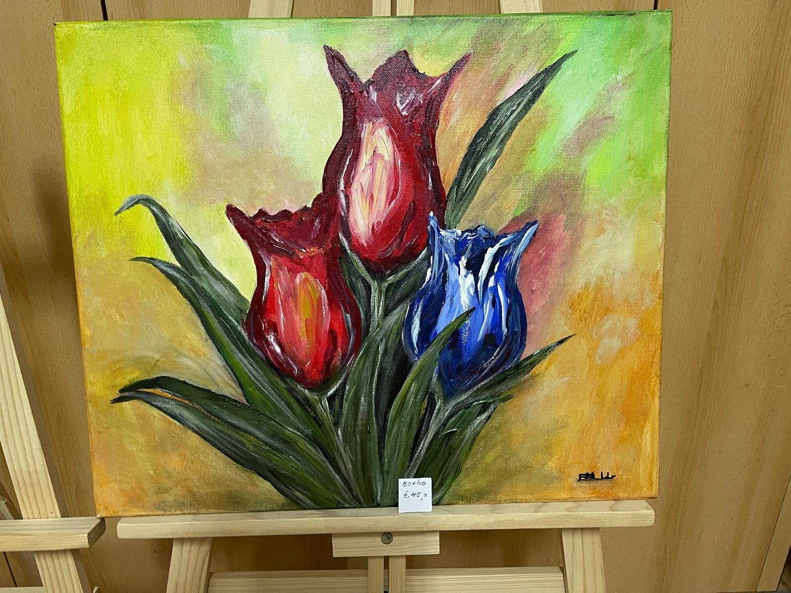 Levendig bloemenschilderij: tulpen in rood en blauw, Antiek en Kunst, Doek, Expressionistisch, Handgeschilderd, Olieverf