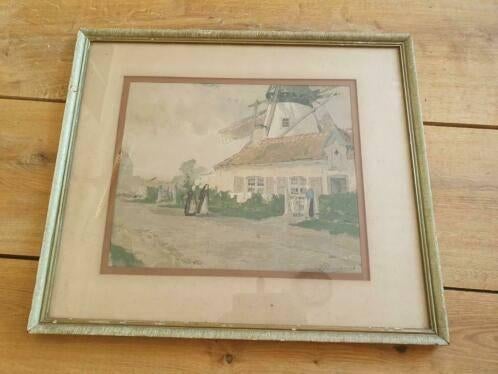 Oude Litho Paul Hermanus 1859-1911 witte molen klederdracht, Ophalen