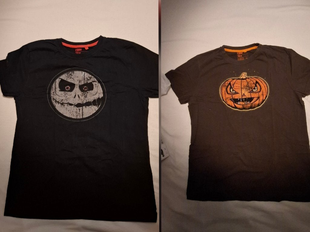 2 Halloween T-shirts 1 bruin 1 zwart zgan Mt M. 15,00 p.s., Maat 48/50 (M), Zwart, Ophalen of Verzenden, Zo goed als nieuw