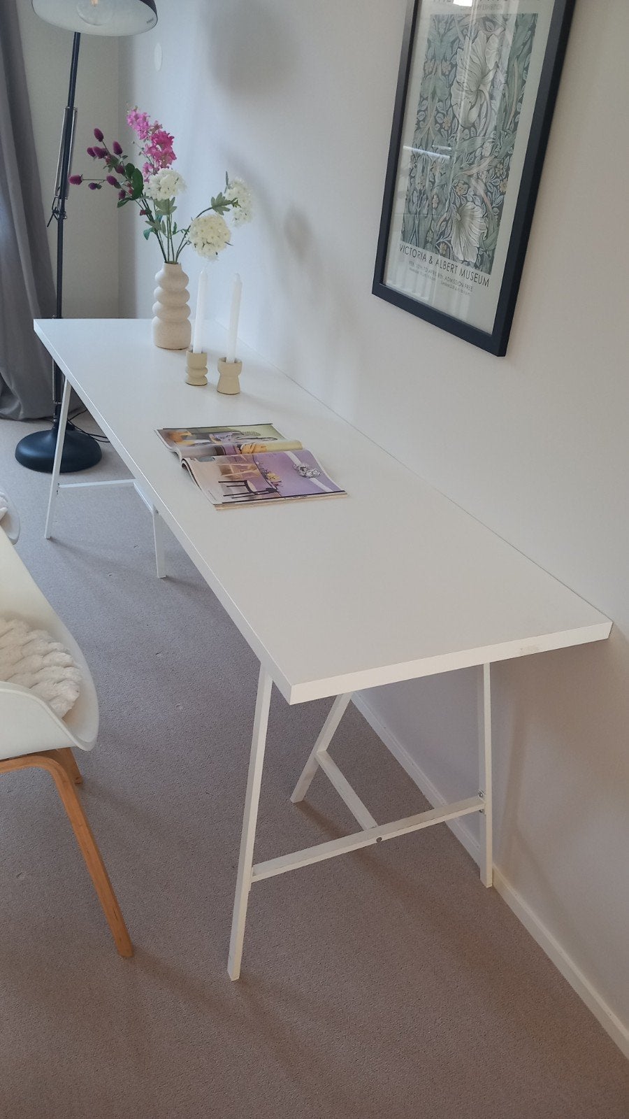 IKEA LAGKAPTEN LERBERG wit bureau/tafel met schragen, Ophalen, Demontabel, Hout, Zo goed als nieuw