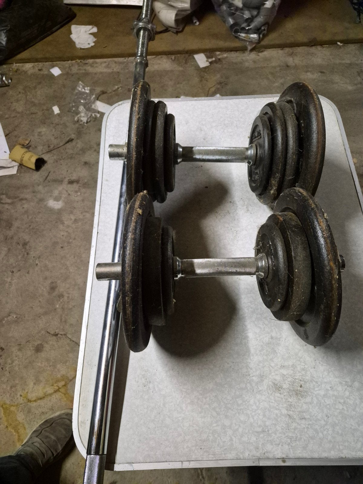 Dumbbellset Domyos 2x 20 kg met halterstang, Sport en Fitness, Ophalen, Gebruikt, Armen, Halterset