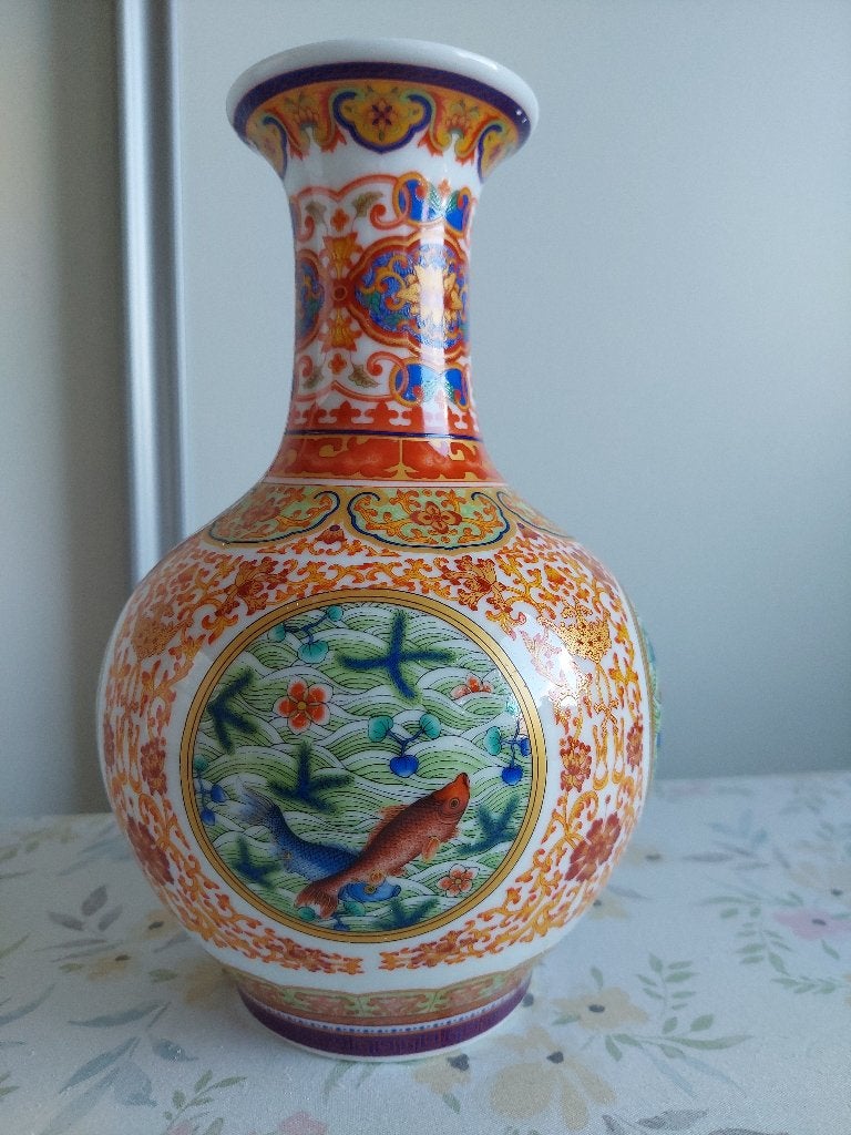 Chinese Keramische Vaas met "Vissen" decor  (NIEUW), 24 cm, Nieuw, Ophalen of Verzenden, Steen/keramiek