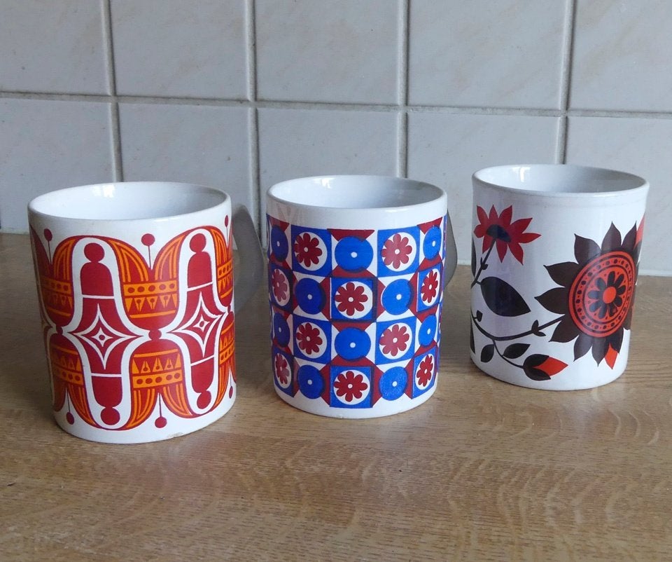 Staffordshire Potteries vintage bekers mokken grote print, Gebruikt, Overige stijlen, Aardewerk, Mok