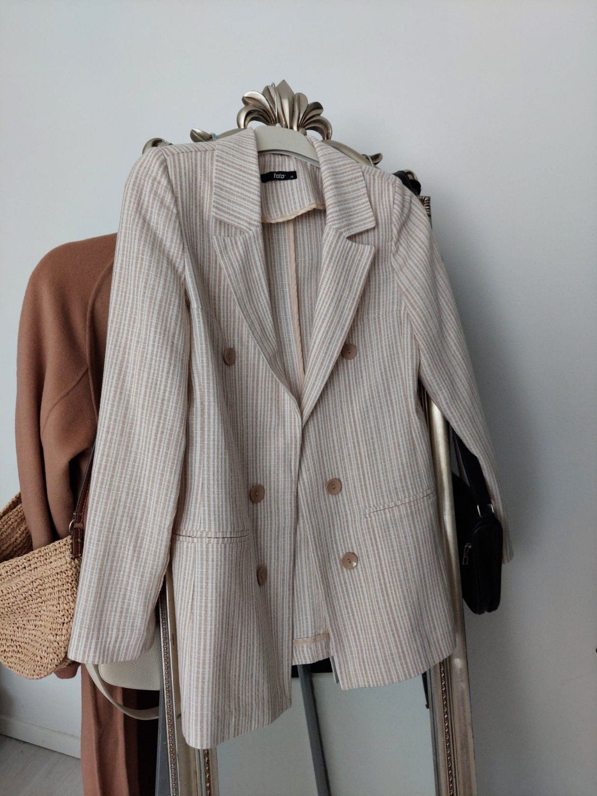 Katoenen blazer lichtbeige / ecru wit strepen maat XS S, Verzenden, Zo goed als nieuw, Maat 34 (XS) of kleiner, Beige