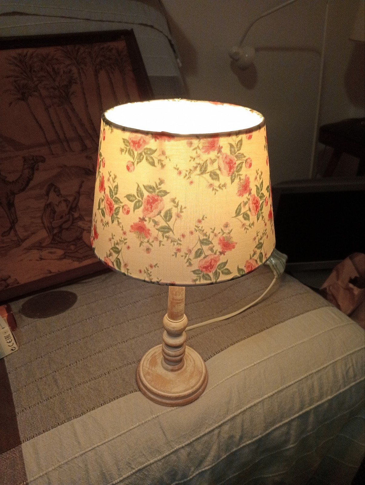Vintage tafellamp met bloemenprint kap, Ophalen of Verzenden