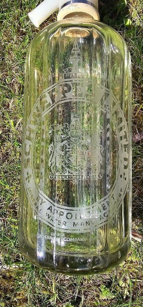 Antieke glazen Schweppes spuit sifonfles syphon met gravure, Antiek en Kunst, Ophalen of Verzenden