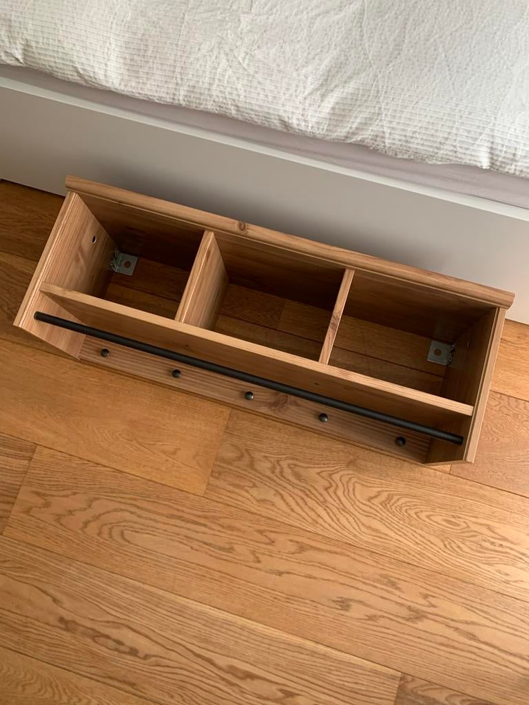 Massief eiken multifunctioneel wandrek/schoenenrek, Ophalen, Zo goed als nieuw