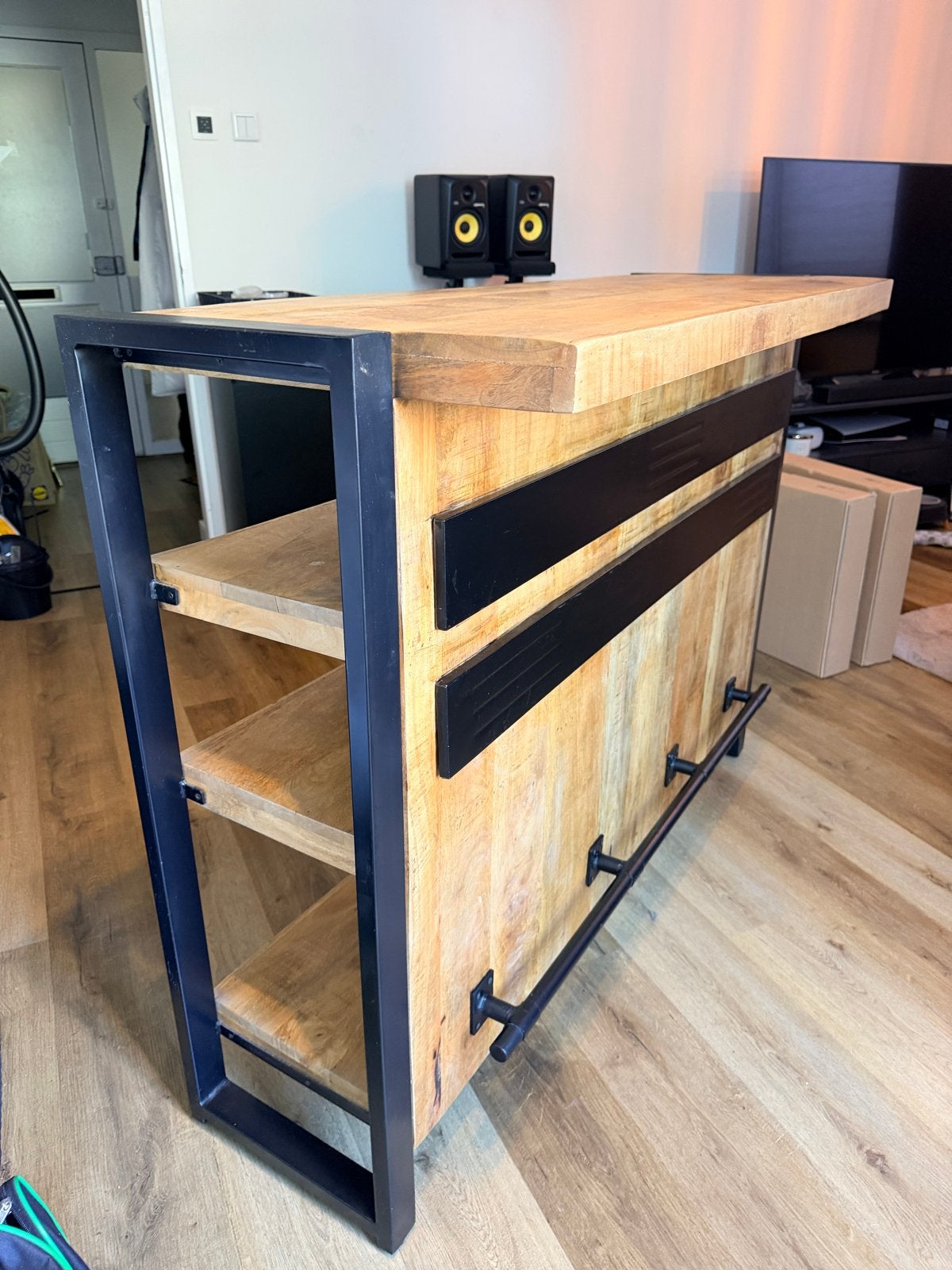 Industriële bartafel van Mangohout en Metaal - 140x50x105cm, Ophalen, Zo goed als nieuw