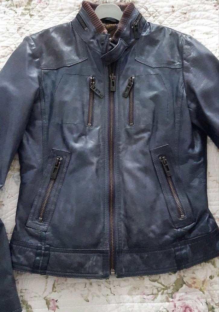 Leren Jasje jeansblauw - S - merk Maze, Blauw, Zo goed als nieuw, Jasje, Maat 36 (S)