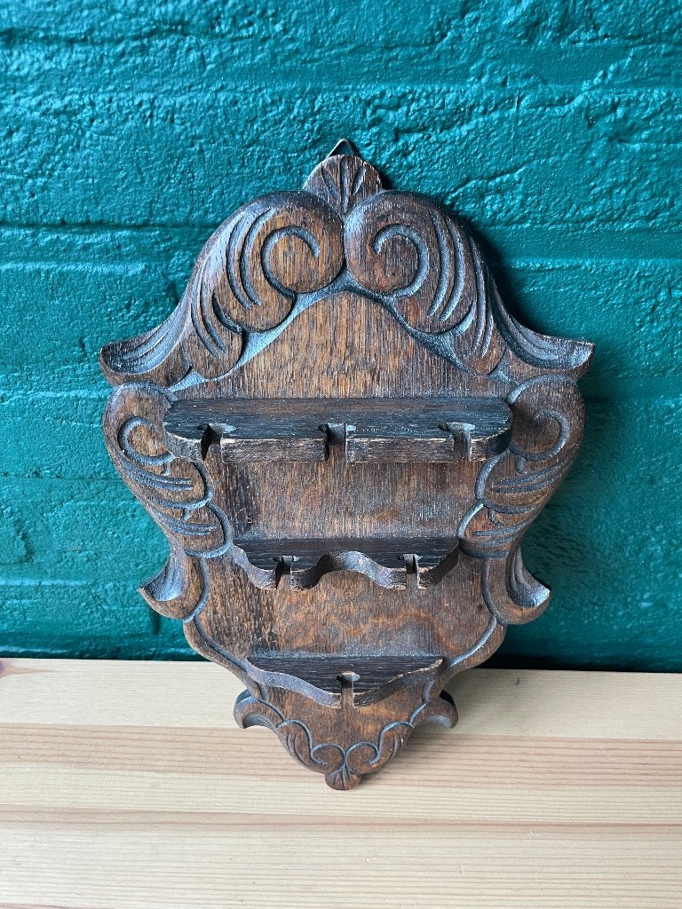 Vintage handgesneden houten lepelrek – decoratief wandrek, Ophalen of Verzenden