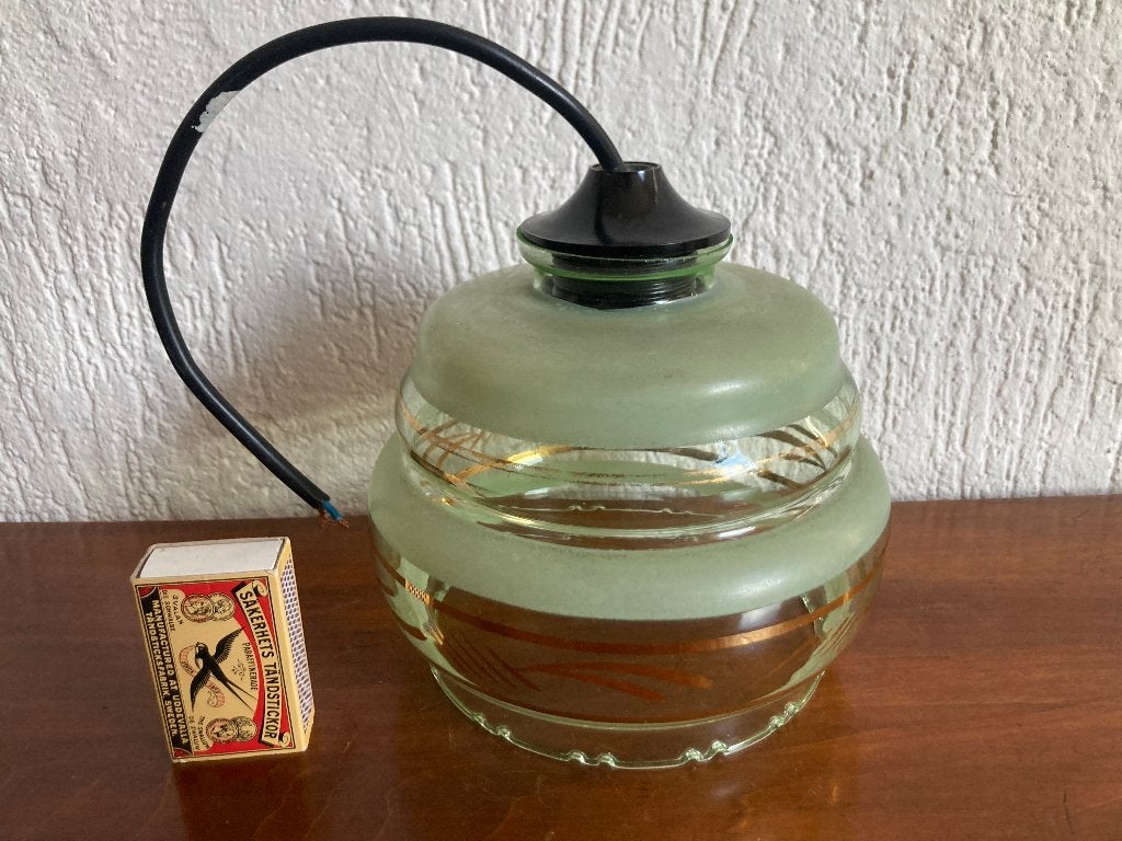 Vintage glazen groen hanglampje gestapeld gewelfd glas retro, Gebruikt, Glas, Art Deco, E27 (groot)