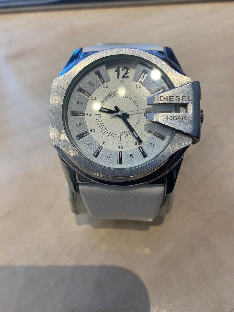 Diesel Horloge Witte Leren Band, Overige merken, Leer, Staal, Polshorloge