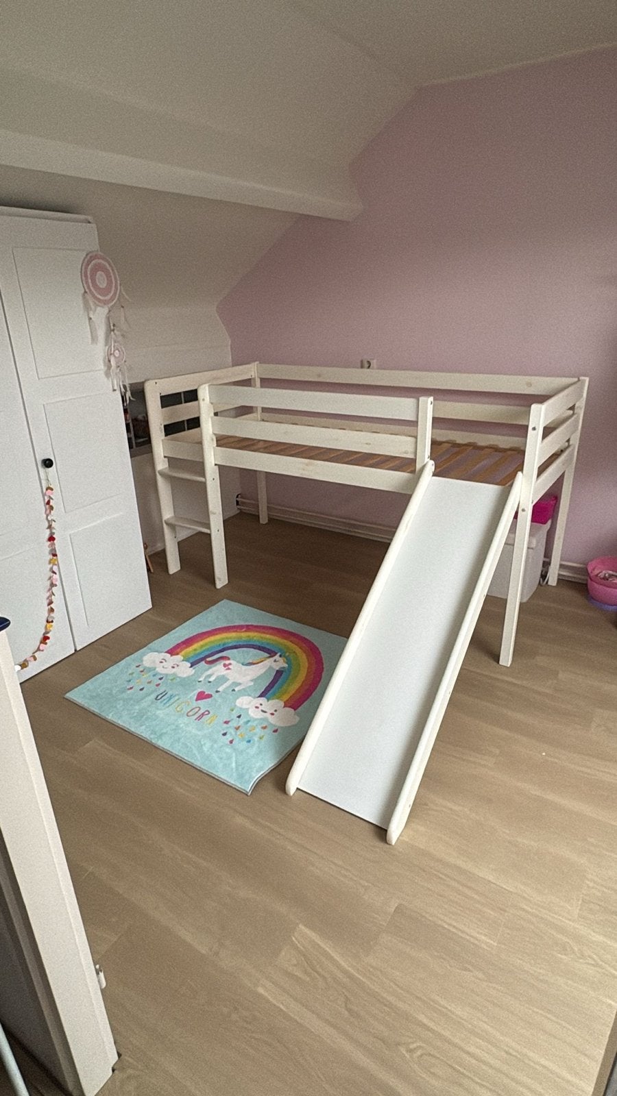 Halfhoogslaper met glijbaan - Wit houten kinderbed, Huis en Inrichting, Ophalen, 90 cm, Eenpersoons, Minder dan 160 cm