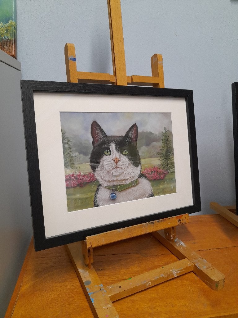 Schilderij kat in tuin - GRATIS VERZENDING  origineel cadeau, Realistisch, Gesigneerd, Dieren, Ophalen of Verzenden