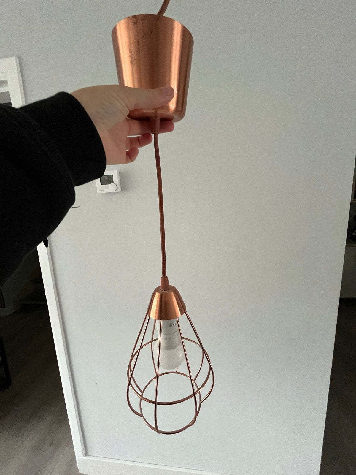 Koperkleurige hanglamp met kooi design, Ophalen, Gebruikt, Metaal, E27 (groot)