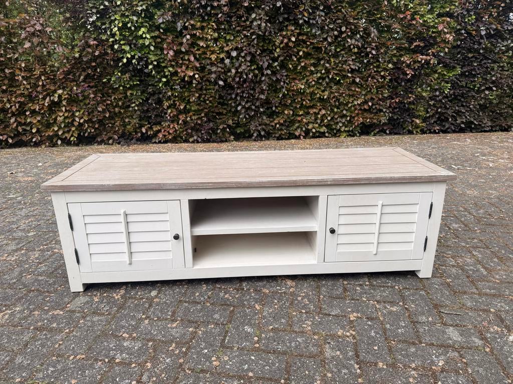 Stijlvol wit tv-meubel met houten blad, Gratis!, Huis en Inrichting, Kasten | Televisiemeubels, Ophalen, Gebruikt, 150 tot 200 cm