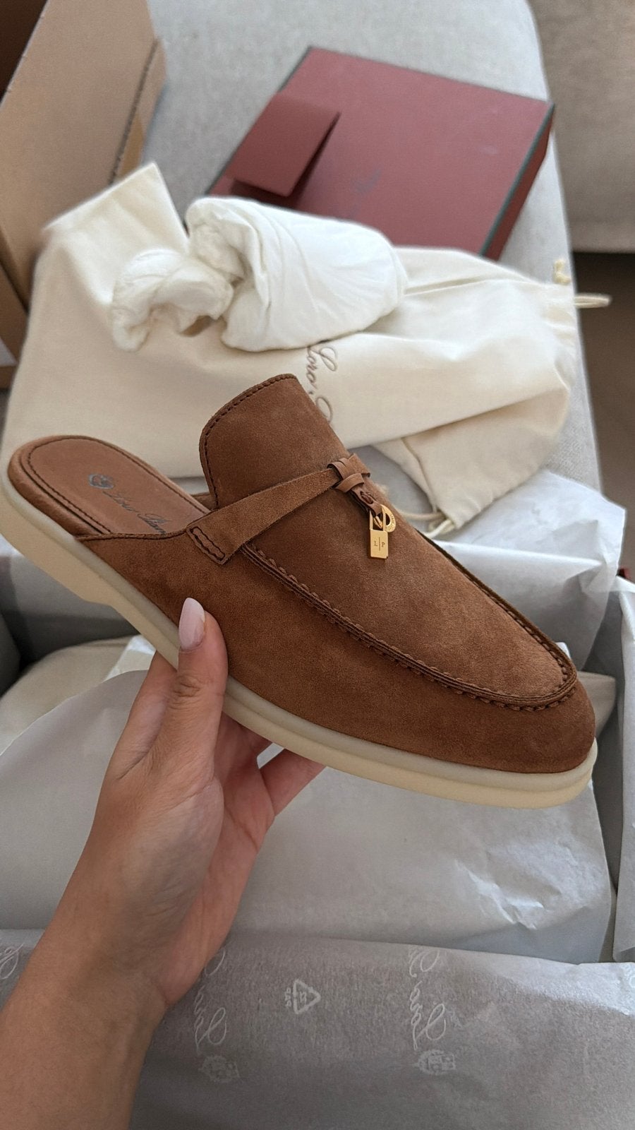 Loro Piana Charms Walk Babouche New, Ophalen, Nieuw, Bruin, Instappers
