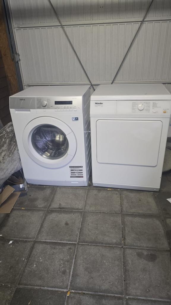 Miele Softtronic droger en aeg wasmachine, Witgoed en Apparatuur, Wasdrogers, Gebruikt, Luchtafvoer, Voorlader, 6 tot 8 kg, 85 tot 90 cm