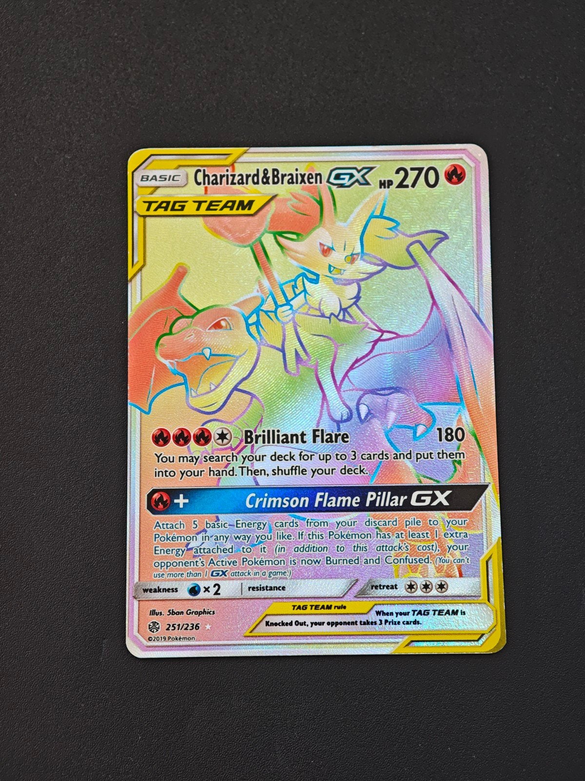 Charizard & Braixen GX TAG TEAM Rainbow Cosmic eclipse, Ophalen of Verzenden, Losse kaart, Foil