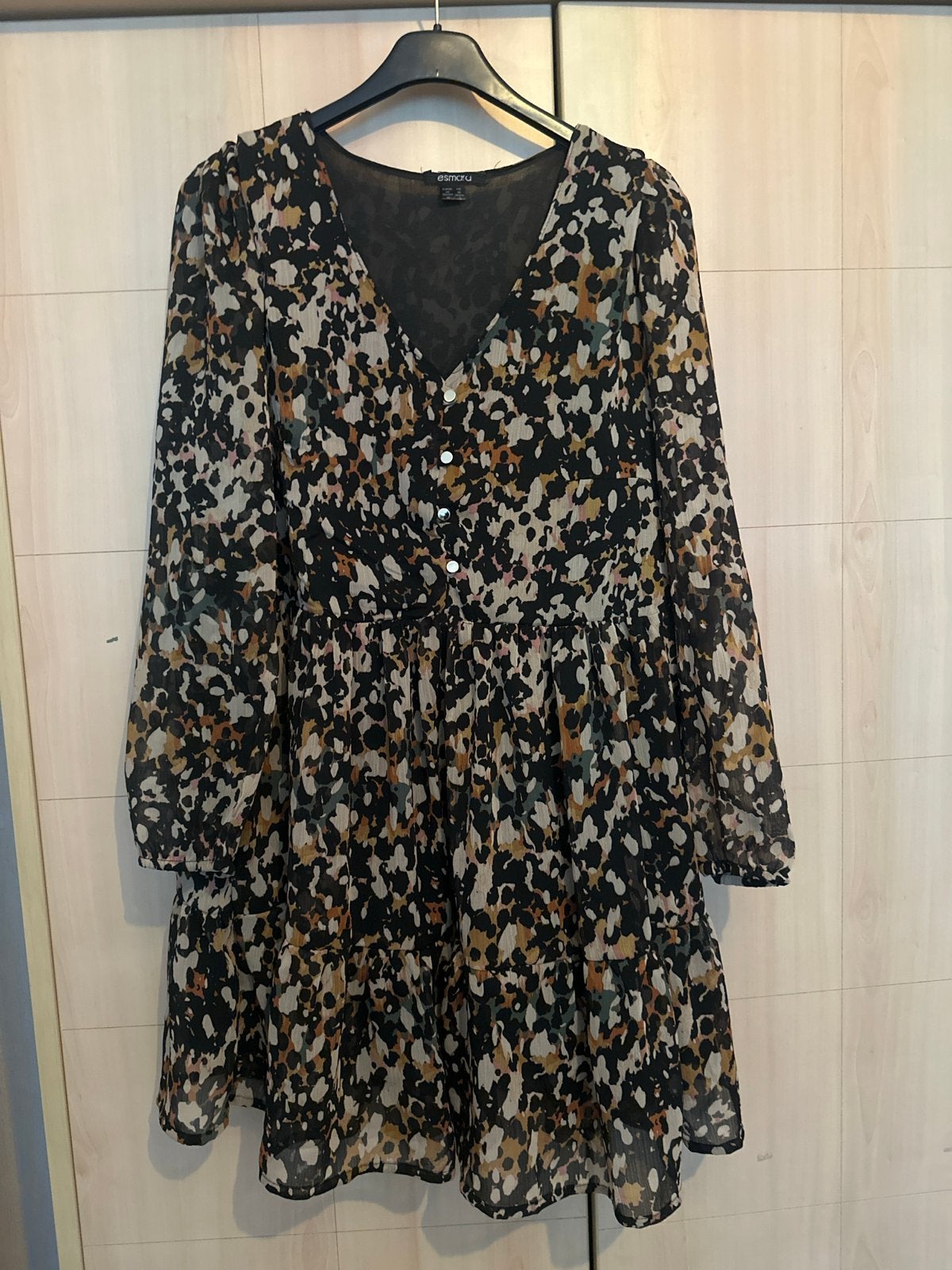 Zwarte jurk met print en lange mouwen, Maat 38/40 (M), Meerkleurig, Ophalen of Verzenden, Zo goed als nieuw