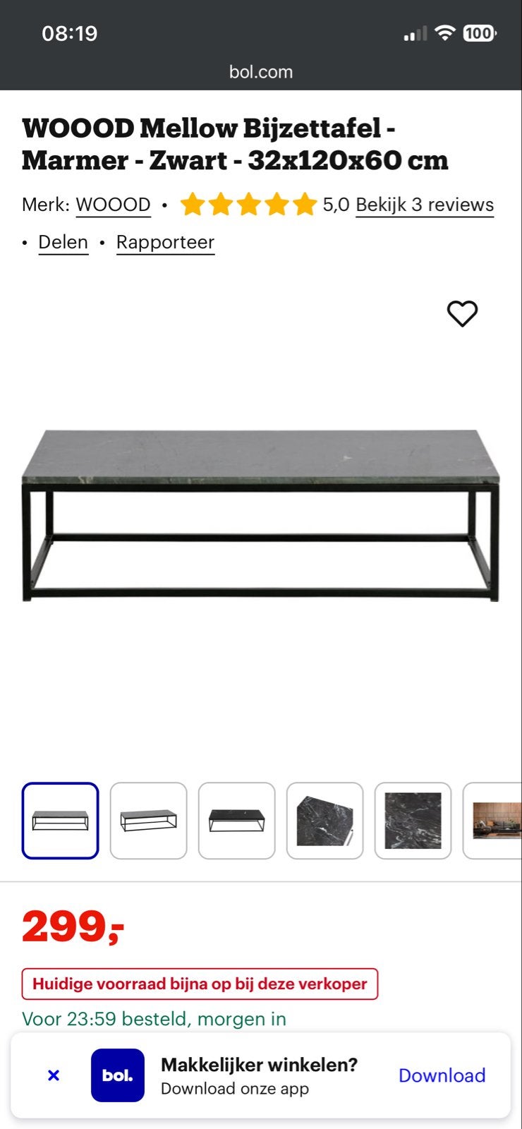 WOOOD Mellow Bijzettafel - Marmer Zwart - 32x120x60 cm, Huis en Inrichting, Ophalen, Gebruikt, 75 cm of meer, Rechthoekig