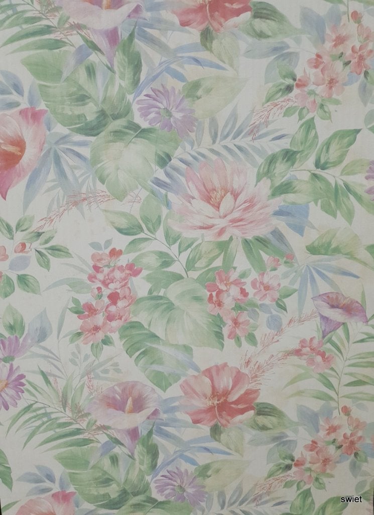 12605 Pastel bloemen behang in lila roze en groen swiet, Verzenden, Groen
