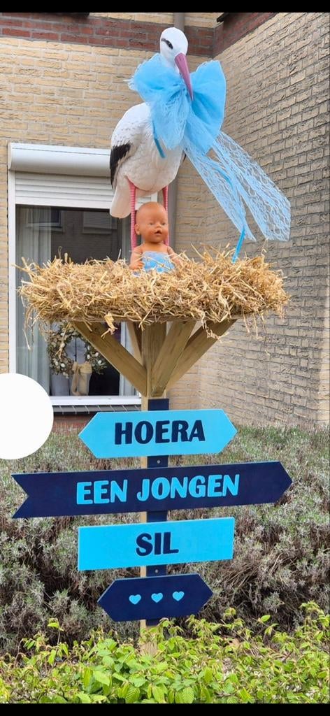 Geboortebord Ooievaarsnest met baby, Kinderen en Baby's, Kraamcadeaus en Geboorteborden, Ophalen, Gebruikt, Geboortebord