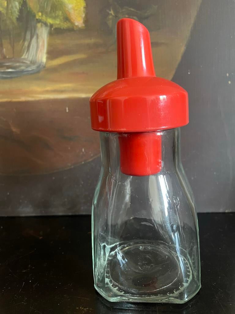 Glazen retro suikerstrooier met oranje dop, Huis en Inrichting, Keuken | Tupperware, Ophalen of Verzenden, Zo goed als nieuw