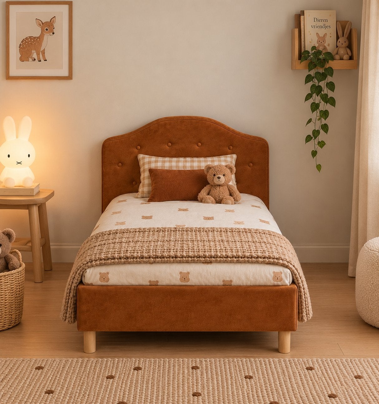 Mooi eenpersoonsbed 110 x 200 cm – cognac suède look, Ophalen, 90 cm, Eenpersoons, Zo goed als nieuw
