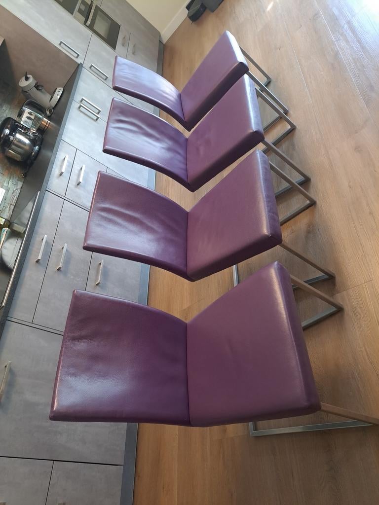 4 Paarse leren eetkamer stoelen van Bert Plantagie, Huis en Inrichting, Ophalen, Gebruikt, Overige kleuren, Leer