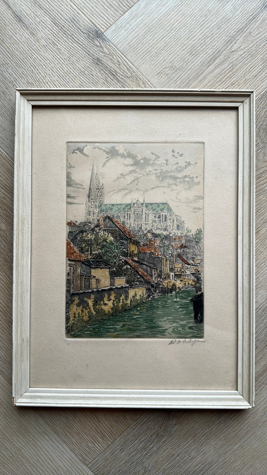 vintage ets / aquarel chartres France – Gedateerd 1962, Antiek en Kunst, Kunst | Litho's en Zeefdrukken, Ophalen of Verzenden