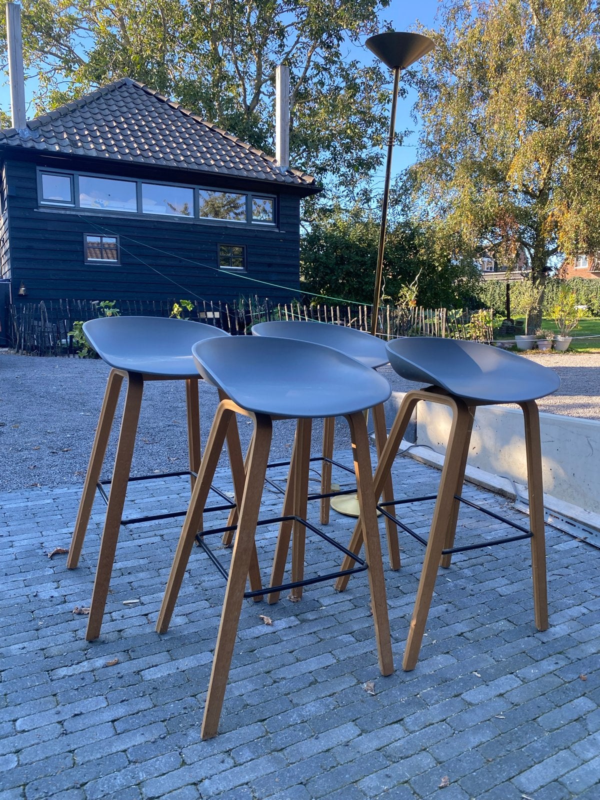 Set 4 barkrukken - a la HAY AAS32 Grijs met houten onderstel, Huis en Inrichting, Met voetsteun, Ophalen of Verzenden, Zo goed als nieuw