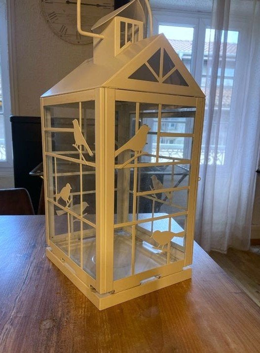 Grote metalen lantaarn met vogels voor binnen/buiten H46 cm, Ophalen, Lantaarn, Wit, Zo goed als nieuw