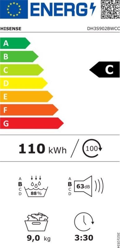 Hisense warmtepompdroger DH3S902BWCC - 9 kg - Vrijstaand, Witgoed en Apparatuur, Wasdrogers, Minder dan 85 cm, 8 tot 10 kg, Nieuw